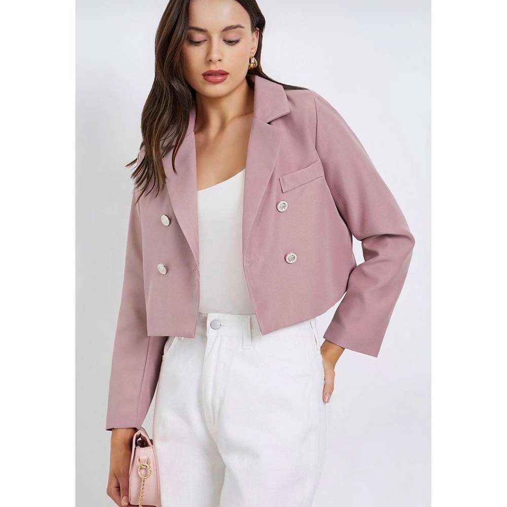 Avec Les Filles Cropped Double Breasted Blazer Dusty Rose Pink XL Notched Lapel